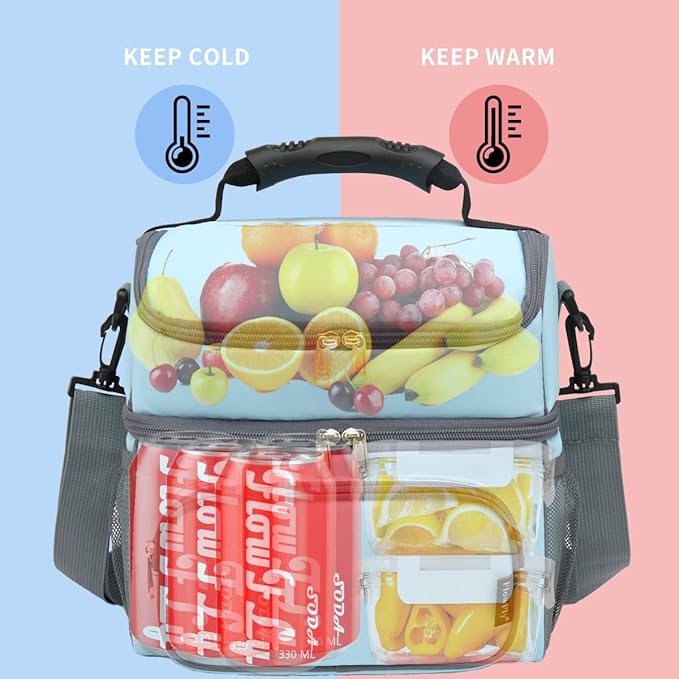 FlowFly Double Layer Cooler Insulated Lunch Bag Adult Lunch Box Large Tote Bag for Men, Women, With Adjustable Strap,Front Pocket and Dual Large Mesh Side Pockets