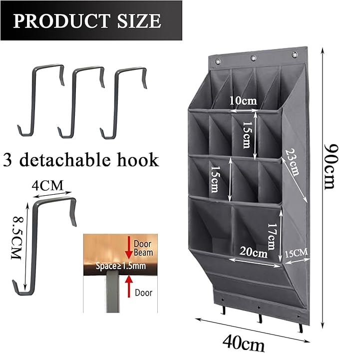 Over the Door Shoe Organizer, 14 Pockets Hanging Shoe Storage Rack with Large Deep Pockets, Oxford 600D Fabric Grey Shoe Storage Rack with 6 hook for Shoes, Slipper,Home Accessories etc
