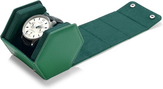 Oirlv Luxury Hexagonal Leather Watch Travel Case Single Watch Box for Men Portable Jewelry Storage Roll Organizer(1-Slot,Green)