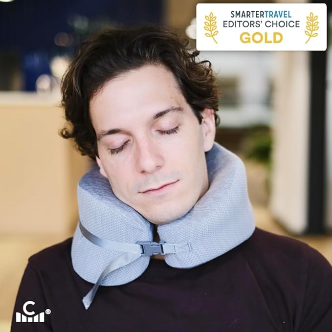 C CUSHION LAB Extra Support Travel Pillow, Award-Winning Patented Ergonomic Design for Chin & Neck Support Memory Foam Neck Pillow, Compact Airplane Pillow for Traveling, Flight, Car (Black, Large)