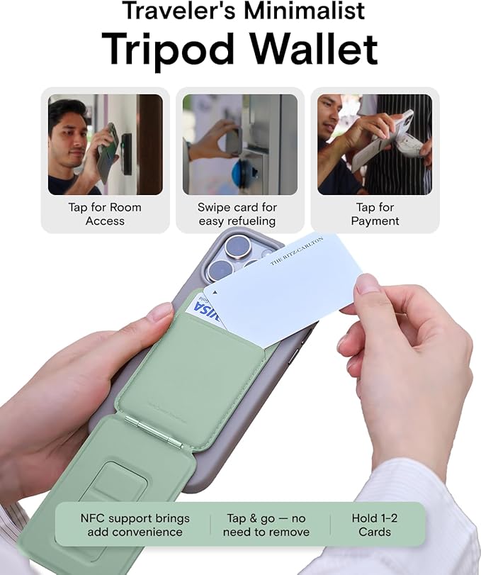MOFT Phone Tripod Wallet for iPhone, Mulit-Angles, Lightweight Phone Stand, MOVAS Vegan Leather Magnetic Wallet, Strong Magnets, NFC Card Holder,Travel Essential, Peppemint (with Card Slot)