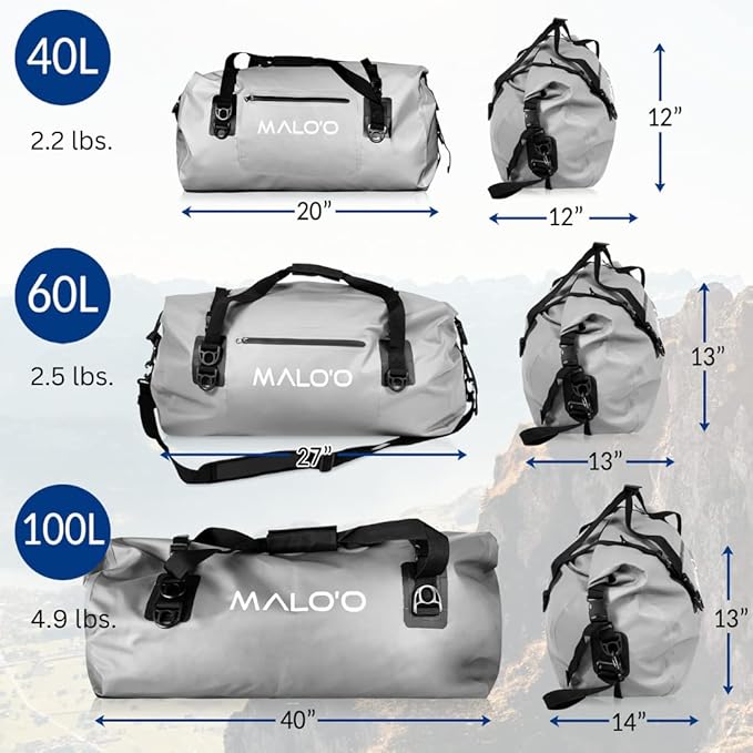 Malo'o Waterproof Dry Bag Duffel 40L/60L/100L, Roll Top Duffel Keeps Gear Dry for Kayaking, Rafting, Boating, Swimming, Camping, Hiking, Beach, Fishing - Internal & External Pockets and Molle Loops