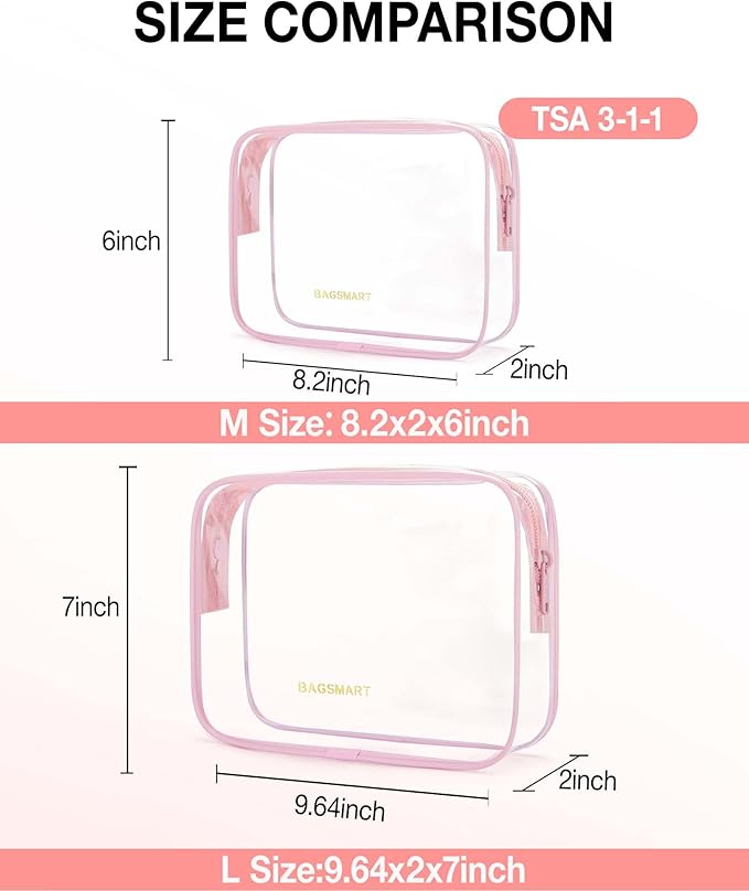 BAGSMART Clear Toiletry Bag, 2 Packs TSA Approved Water Resistant Quart Size Travel Organizer, 2 Sizes Airport Airline Travel Essential Carry On Makeup Cosmetic Bags for Women, Pink