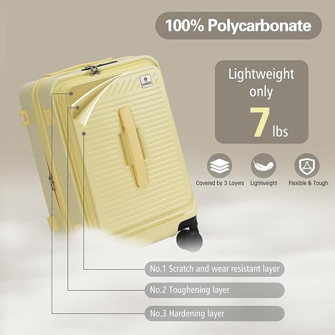 20 Inch Luggage with Spinner Wheels,Expandable Front Opening Suitcase 100% PC Hard Shell TSA Lock, Smooth Rolling Wheels, Lightweight Travel for Men and Women, Y03 Yellow Slightly Larger