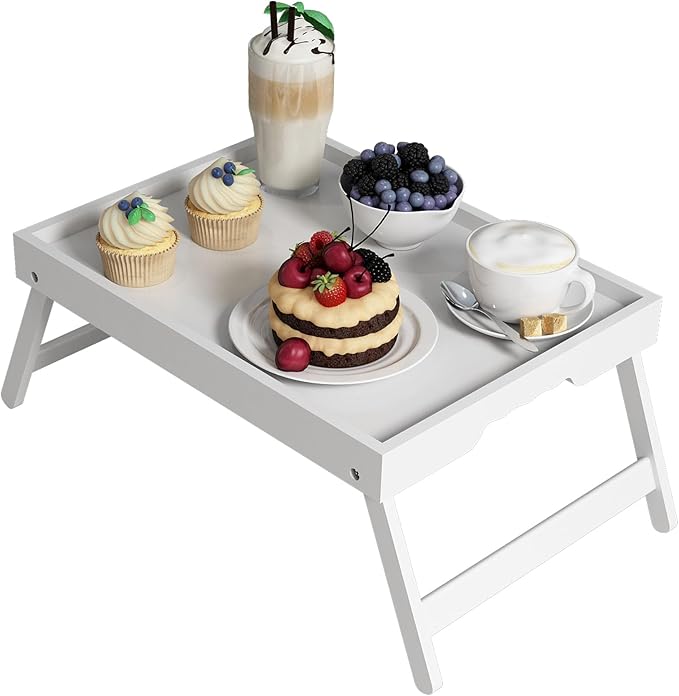 Bed Tray Table with Folding Legs,Bamboo Breakfast in Bed for TV Table,Tray,Eating,Snack Tray,Laptop Computer (White, Large)