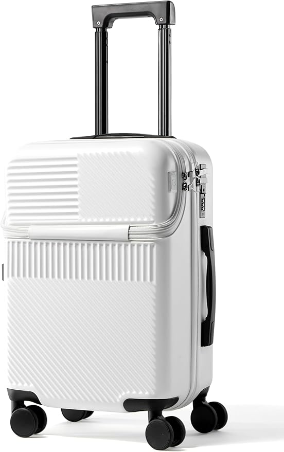 UrbanExplorer 20 Inch Carry-On Luggage with Front Opening, Cup Holder & USB Port, Lightweight ABS+PC Hardshell Spinner Suitcase, Airline Approved, 360° Wheels, White