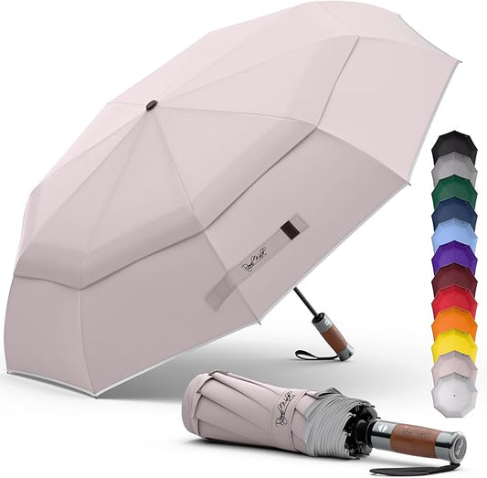 Royal Walk Windproof Folding Travel Umbrella Compact and Strong Luxurious Real Wood Handle Automatic Open Close Vented Double Canopy for Men and Women