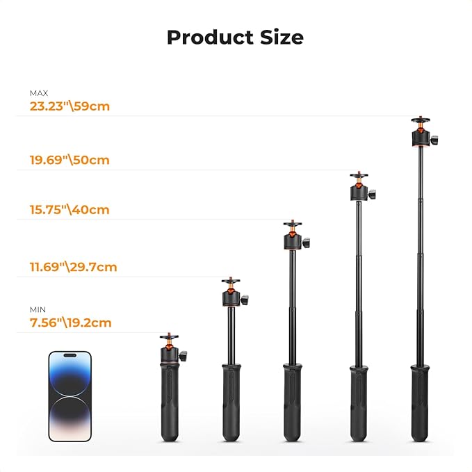 K&F Concept Selfie Stick Tripod, 60cm/23.6" Extendable Ball Head Vlog Selfie Stick Handle for GoPro Hero 13/12/11/10/9/8/7/Max DJI Osmo 360 Pocket 3 Action 5 Pro.