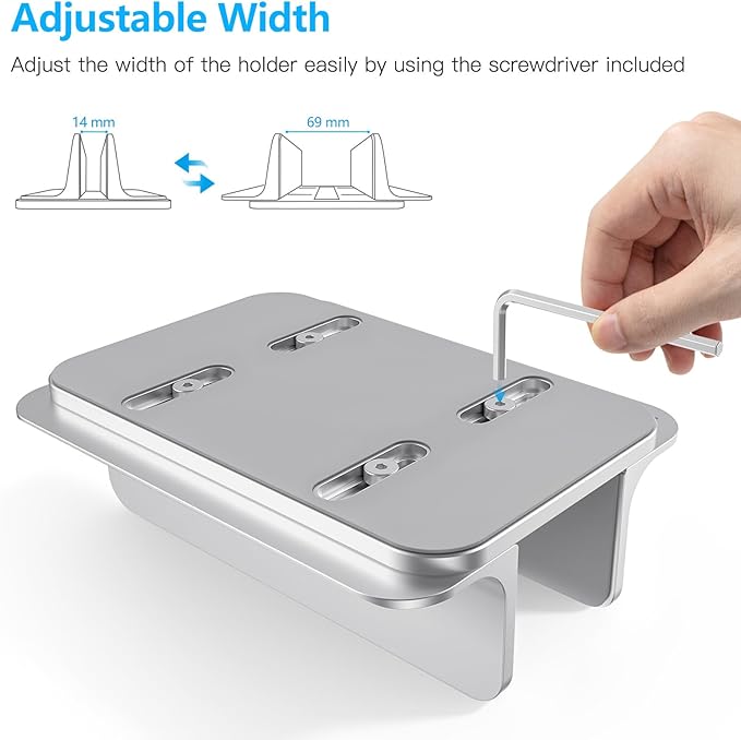 OMOTON Vertical Laptop Stand Holder, Desktop Aluminum Stand for MacBook with Adjustable Dock Size, Fits All MacBook, Surface, Chromebook and Gaming Laptops (Up to 17.3 inches), Silver