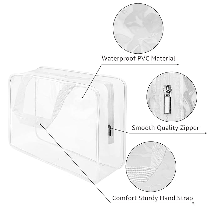 3Pcs Crystal Clear PVC Travel Toiletry Bag Kit for Women Men, Waterproof Vinyl Organizer Clear Makeup Bags with Zipper Handle Straps, Cosmetic Bag Pouch Carry on Airport Airline Compliant Bag Handbag