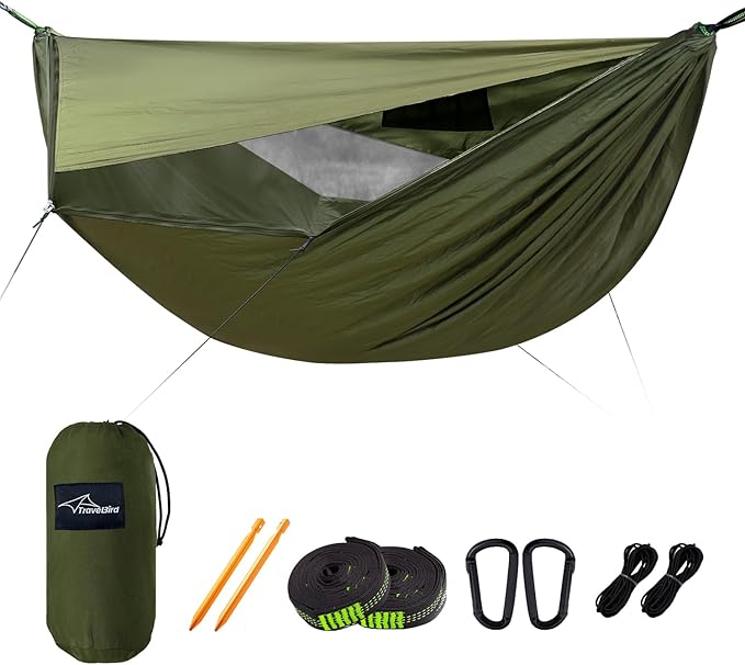 Camping Hammock with Mosquito Net and Sunshade, Backpacking Hammock with Ridge Rope Tree Straps, Lightweight Portable Hammocks for Outside, Hiking, and Travel