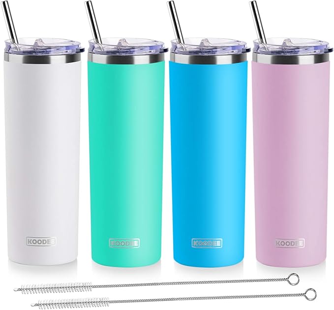 koodee 20 oz Tumbler with Lid and Straw -4 Pack Insulated Skinny Tumblers Stainless Steel Double Wall Water Cup (White/Teal/Sky Blue/Baby Pink)