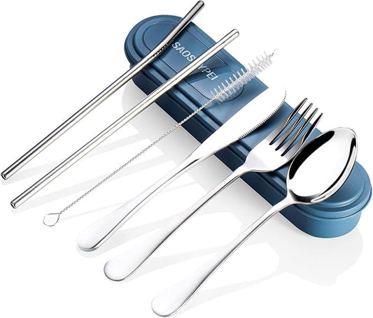 Portable Utensils Set with Case, 4pcs Stainless Steel Reusable Silverware for Lunch Camping School Picnic Workplace Travel, Lunch Box Includ Fork Spoon Knife,Easy to clean,Dishwasher Safe(Black)