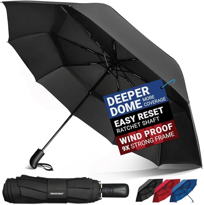 Vented Travel Umbrella | Strong Compact Windproof Umbrella | Top Pick by Wirecutter 2025 | Deep Dome Coverage | Auto Open/Close | Portable Pop Up with Large Coverage | Fits Car & Backpack