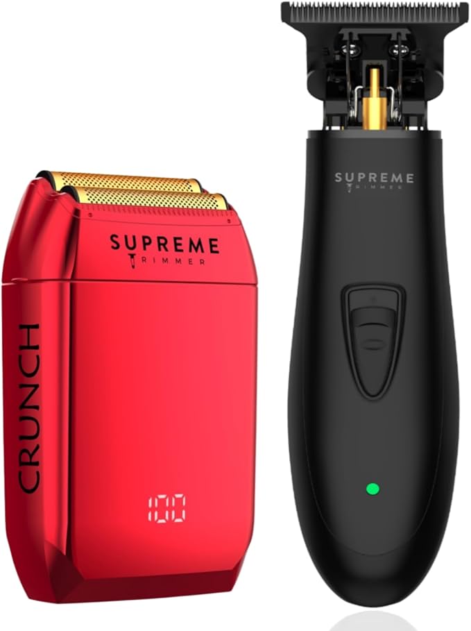 Supreme Trimmer 2-in-1 DLC T-Shaper Trimmer & Crunch Foil Shaver | STF602 Electric Razor & ST5206 Beard Trimmer Barber Haircut Kit | Red