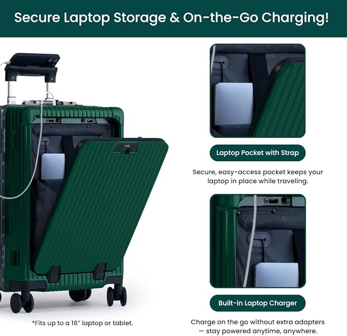 Nobl Travel Carry On Luggage, Noble Zipperless Aluminum Frame PC Hard Shell Suitcase, 22.5x15x9.5 Airline Approved, 360° Spinner Wheels, TSA Locks, USB Charging Port, Cup & Phone Holder -Forest Green