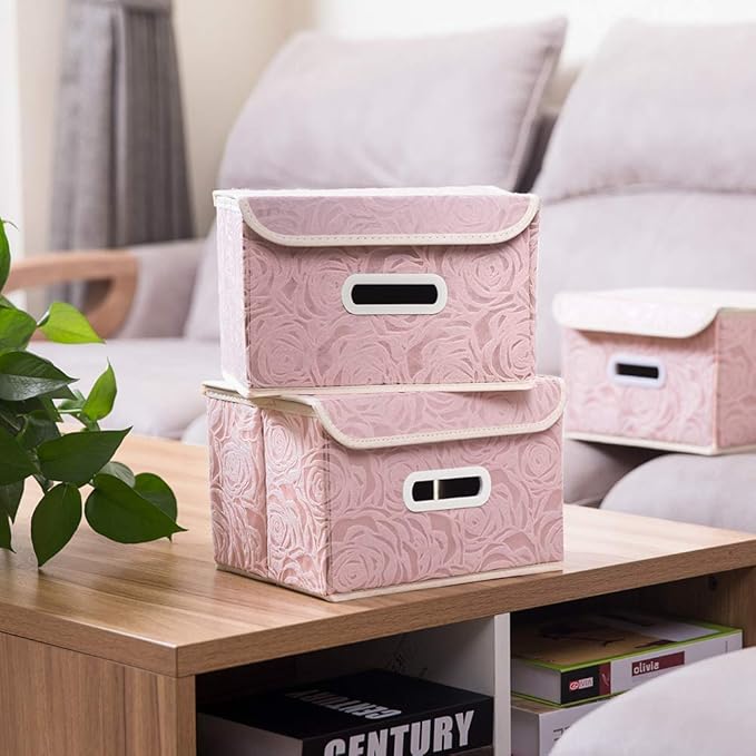 PRANDOM Collapsible Storage Boxes with Lids Fabric Decorative Storage Bins Cubes Organizer Containers Baskets with Cover Handles Divider for Bedroom Closet Living Room 9.8x7.9x6.7 Inch 3 Pack