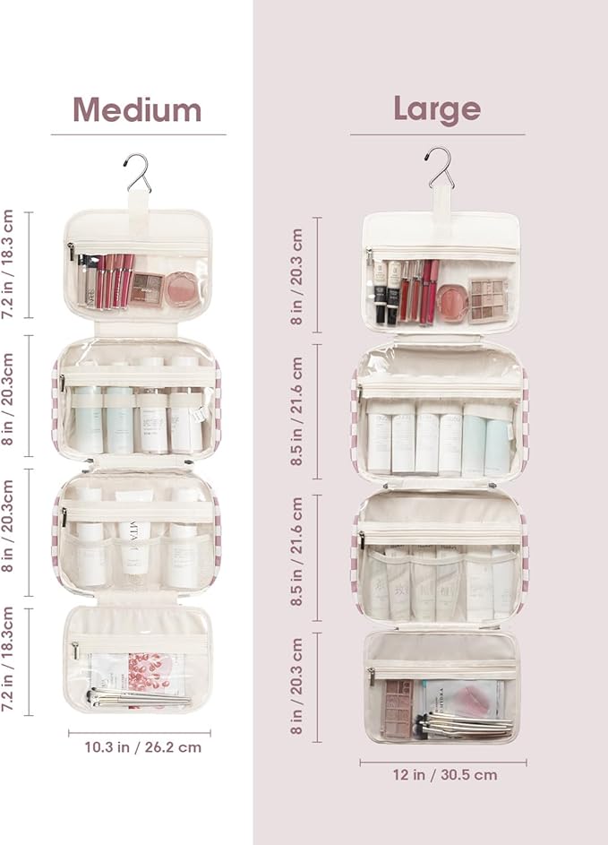 Narwey Hanging Toiletry Bag for Women Travel Makeup Bag Organizer Toiletries Bag for Travel Size Essentials Accessories Cosmetics (Dusty Pink Checkerboard (Medium))