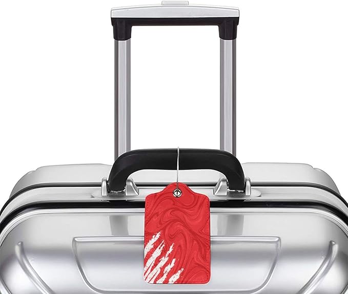 2-Pack Artistic Red Luggage Tags for Suitcases, Leather Art Abstract Style Baggage Tag with Loop, Cool White Scratches Bag Tags Private Name ID Labels for Women Girl Men Boys Travel Baggage Suitcase