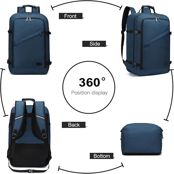Kono Carry on Backpack, 22" Airplane Approved Travel Backpack for Men and Women, Waterproof Lightweight Daypack for Flight 40L (Navy, Large)
