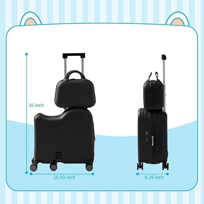 TABU Ride-on Luggage with Handbag for Kids，Hardshell Carry On Suitcase with Hidden Cup Holder, Foldable Pedal,Type-C & USB Interface, TSA Lock, 6-Spinner Wheels, Black