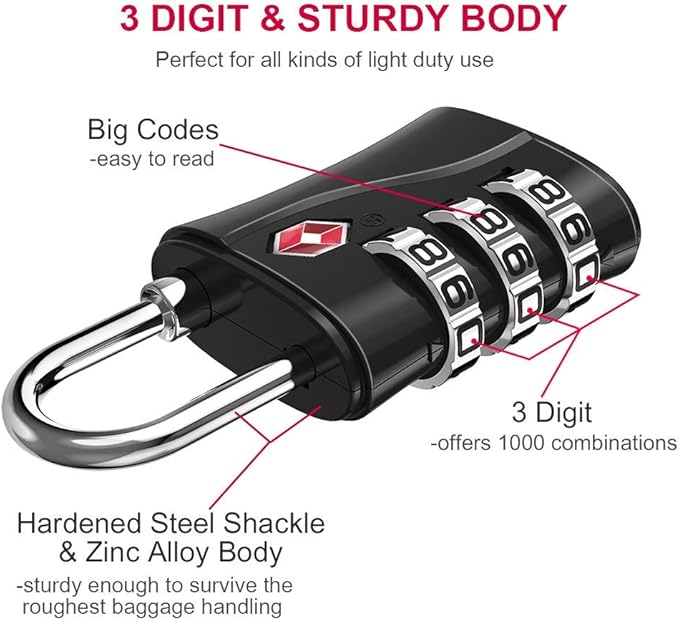 ZHEGE Luggage Locks TSA Approved, Small Padlock for Travel, Suitcase, Backpack, Laptop Bag and Handbag-Easy to Set with Alloy Body (Black)