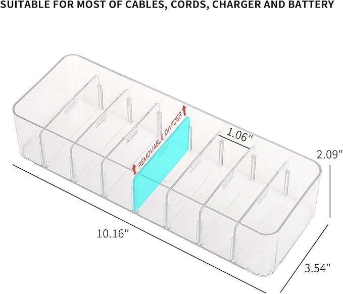 Yesesion Clear Plastic Cable Organizer Box with Adjustment Compartments, Desk Accessories Storage Case with 10 Wire Ties for Drawer, Office Supplies, Electronic Management, Battery and Charger