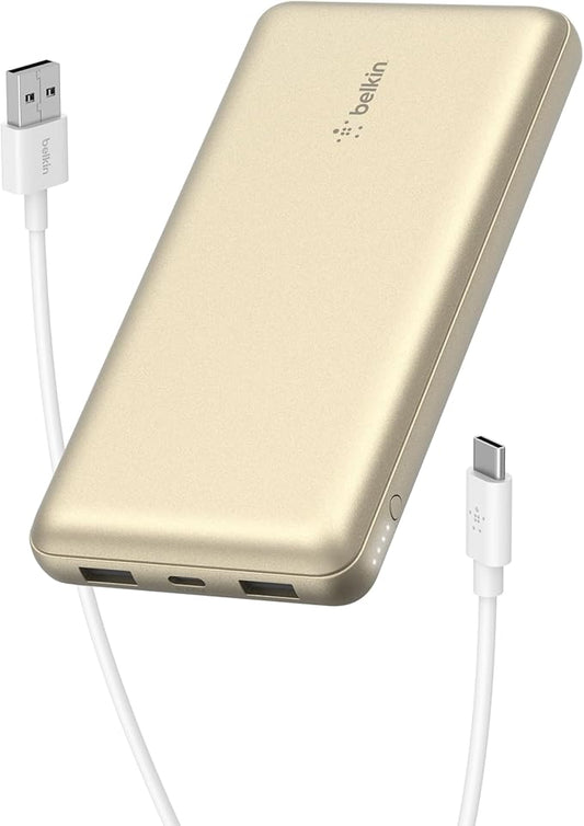 Belkin Portable Charger, USB-C Power Bank 20000 mAh w/ 2xUSB-A Ports, 15W w/Type-C to Type-A Cable for iPhone 16, 15, Samsung Galaxy S25, Pixel, iPad, Nintendo Switch 2, Google Pixel 10, etc. - Gold