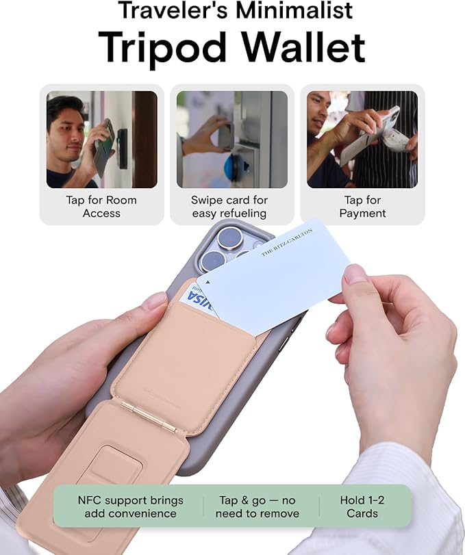 MOFT Phone Tripod Wallet for iPhone, Mulit-Angles, Lightweight & Portable Phone Stand, MOVAS Vegan Leather Magnetic Wallet, Strong Magnets, NFC Card Holder,Travel Essential, Peach pink(With Card Slot)