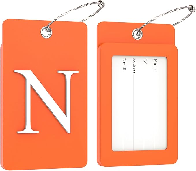 Gostwo 2 Pack Luggage Tags for Suitcases, 26 Initial Letter Travel Luggage Baggage Identification Labels ID Tag Fully Bendable Tags with Stainless Steel Loop (Orange) (Letter N)