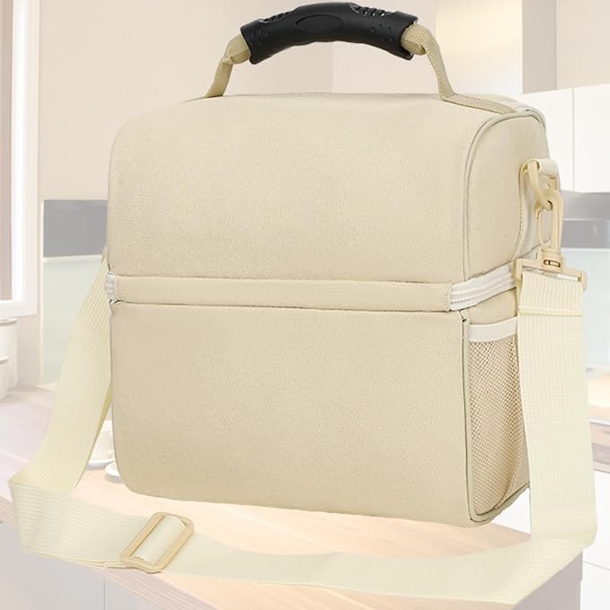FlowFly Double Layer Cooler Insulated Lunch Bag Adult Lunch Box Large Tote Bag for Men, Women, With Adjustable Strap,Front Pocket and Dual Large Mesh Side Pockets