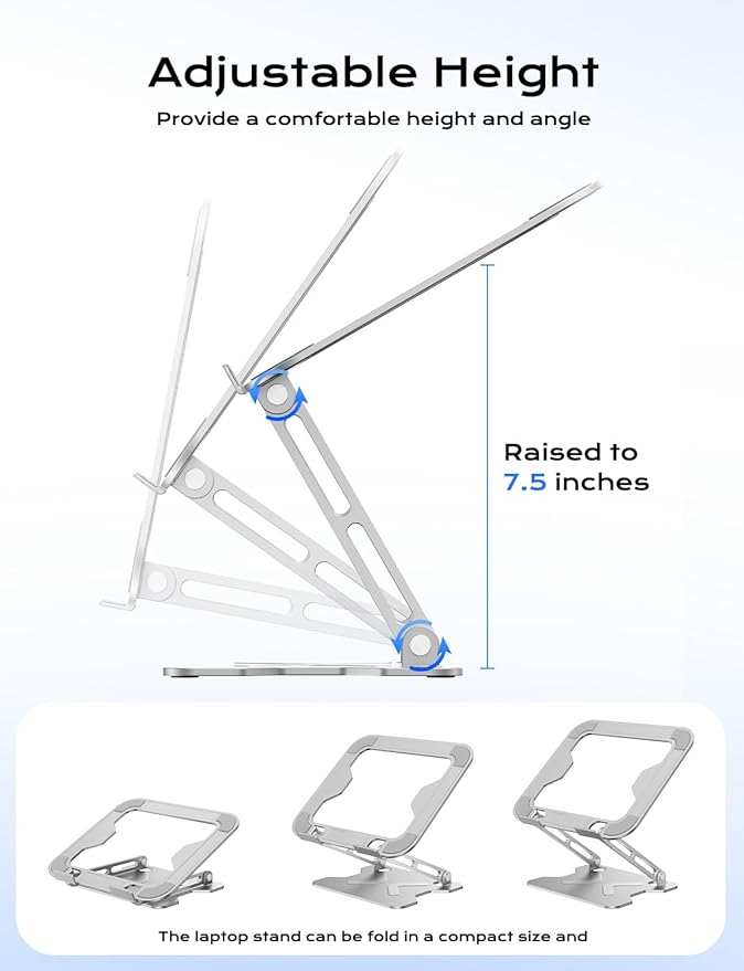 Adjustable Laptop Stand for Desk, Portable Laptop Riser Holder Foldable, Metal Ergonomic Computer Notebook Stand Holder for MacBook Air Pro, Dell, HP 10-16'', White
