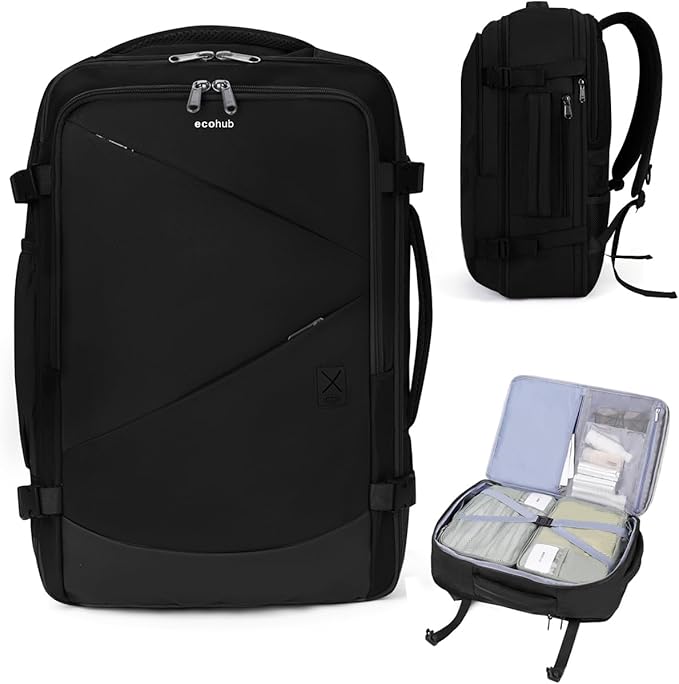 ECOHUB 30L Carry on Travel Backpack for Men Women 18x14x8, 17 inch Expandable Airlines Personal Item Bag Water Resistant Laptop Backpack Flight Approved with USB Slot & Wet Pocket, Black