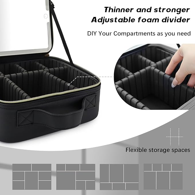 Makeup Bag with Led Mirror,Travel Makeup Organizer with 3 Color Setting, Portable Storage and Adjustable Dividers Travel Makeup Bag(Black)