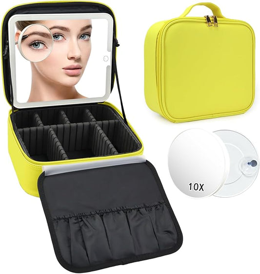 Travel Makeup Bag with LED Mirror and 10x magnifying glass with 3 Lighted Settings, Adjustable Dividers and Makeup Brush Storage Bag Yellow