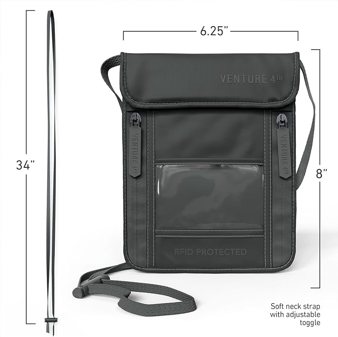 VENTURE 4TH Passport Holder Neck Wallet with RFID Blocking Nylon Lining - Hidden Neck Pouch for Travel (Sleek Gray)