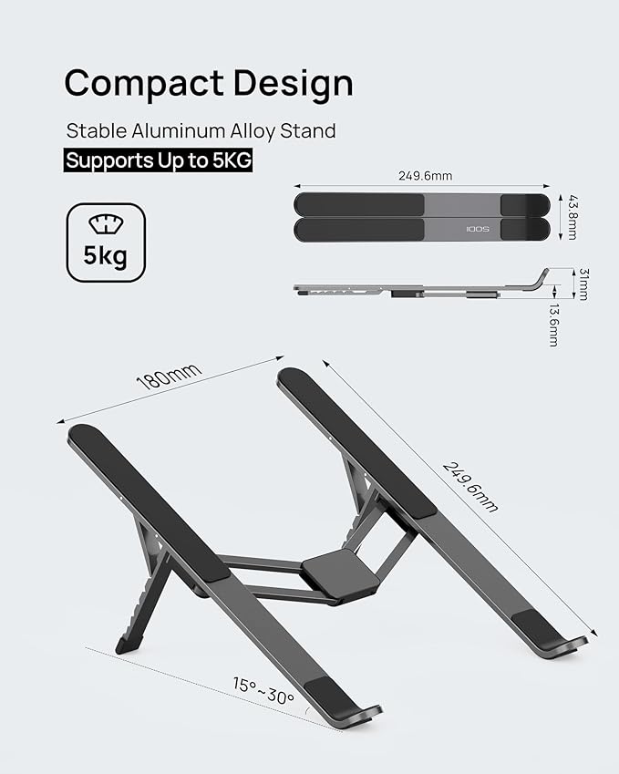 SODI [Innovative Compact] Foldable Laptop Stand for Desk, Lightweight Portable Laptop Stand for Business Trip, Library, Cafe, 6 Level Height Ergonomic Aluminum Computer Stand for MacBook 10-16"