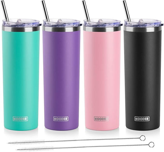 koodee 20 oz Stainless Steel Skinny Tumblers (4 Pack) Double Wall Insulated Water Tumbler Cup with Lids, Straws and Straw Brushes (Teal/Purple/Pink/Black)