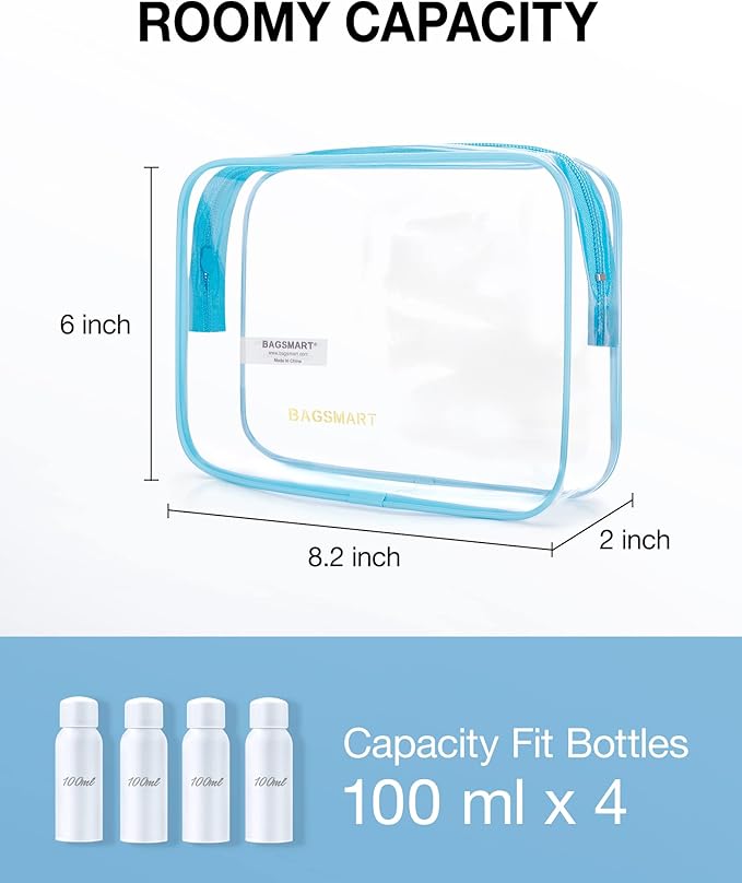 BAGSMART Clear Toiletry Bag, 3 Packs TSA Approved Water-resistant Quart Size Travel Organizer, Airport Airline Travel Essential Carry-On Makeup Cosmetic Bags for Women, Blue