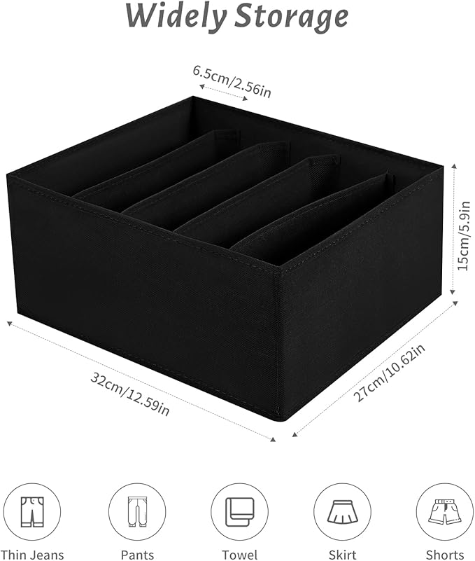 Jeans Drawer Organizers for Clothing, 5 Compartment Wardrobe Storage Box, Washable Clothes Organizer for Folded Clothes, Jeans, Pants, Leggings, t-shirts(Black)