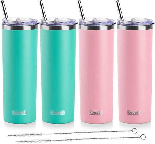 koodee 20 oz Stainless Steel Skinny Tumbler(4 Pack) Double Wall Insulated Water Tumbler Cup with Lids, Straws and Straw Brushe（Teal/2 Pack, Pink/2 Pack）