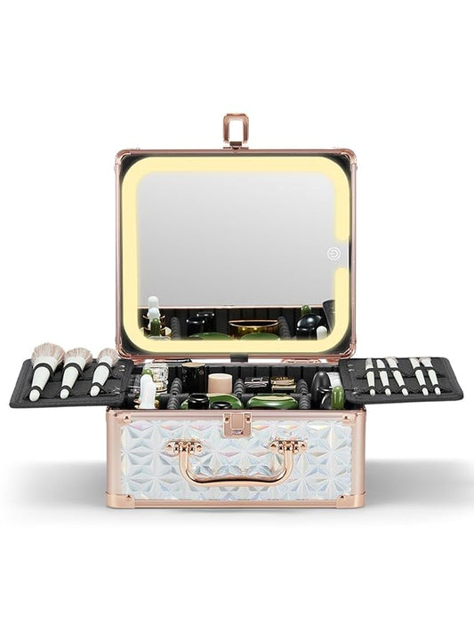 Qislee Makeup Box with A Detachable Lighted Mirror, Waterproof Travel Train Case, Cosmetic Organizer and Makeup Suitcase with Adjustable Dividers, Magnetic LED Mirror(Sparkling Blue)