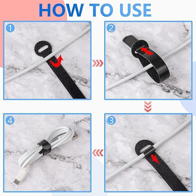 120 x Reusable Cable Ties Black, Adjustable Releasable Hook and Loop Cable Straps for PC Cable Management, Organizing Cords, TV, Desk