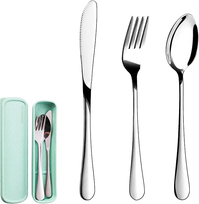 Portable Utensils Set with Case, 4pcs Stainless Steel Reusable Silverware for Lunch Camping School Picnic Workplace Travel, Lunch Box Includ Fork Spoon Knife,Easy to clean,Dishwasher Safe