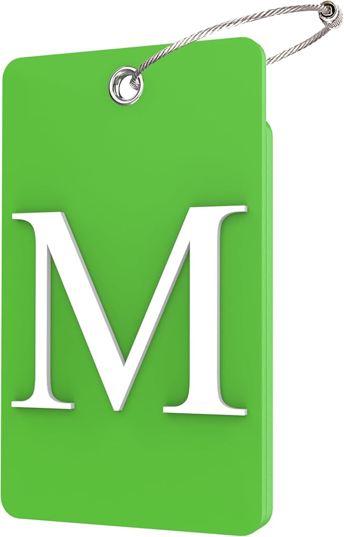 Gostwo 2 Pack Luggage Tags for Suitcases, 26 Initial Letter Travel Luggage Baggage Identification Labels ID Tag Fully Bendable Tags with Stainless Steel Loop (Green) (Letter M)