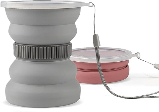 IYYI Collapsible Travel Cup, 10.5 OZ Foldable Cup with Lid, Silicone Folding Cups for Camping, Hiking, Outdoors, Travel, Portable Camping Mug (Pink+Gray)