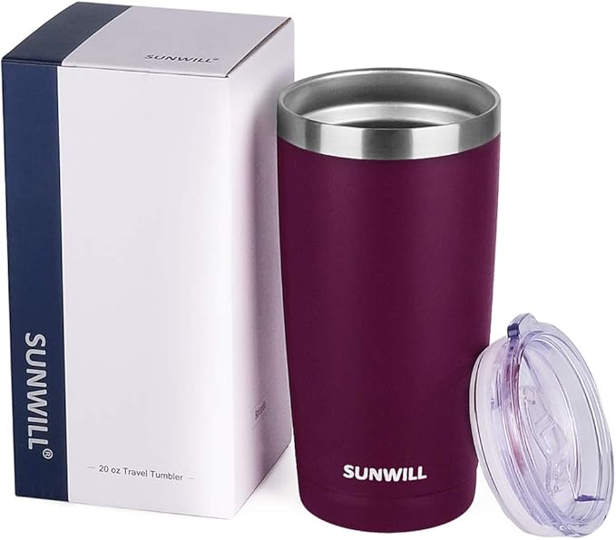 SUNWILL Travel Coffee Tumbler 20 oz, Insulated Mug with Lid, Stainless Steel Cup for Hot and Cold Drinks, Powder Coated Plum