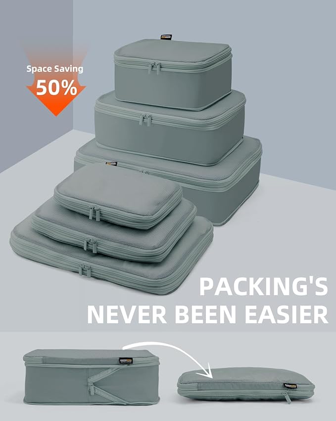 6 Set Compression Packing Cubes for Travel, Large Medium Small Luggage Organizers, Storage Bags for Clothes (6 Pack, Steel Blue)