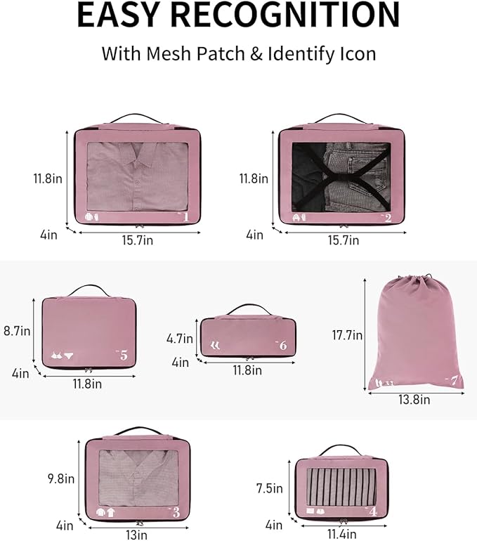 ECOHUB 7 Set Packing Cubes Tear-Resistant Luggage Packing Organizers with Number Icon for Travel Accessories Luggage Suitcase Machine Washable Packing Cubes (Pink)