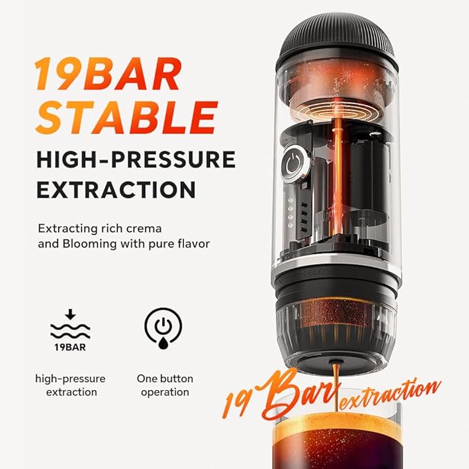 Portable Coffee Maker Travel Espresso Machine 120W Red Color, 19 Bar Pressure 7500mAh Rechargeable Battery Version Portable On the Go for Camping, Driving, Home and Office Travelling